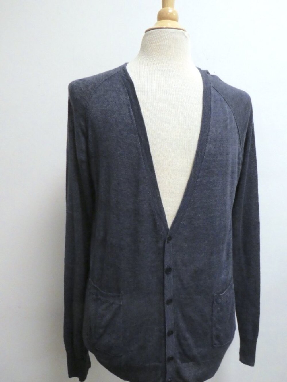 THEORY BLUE linen knit reverse edge V CARDIGAN SWEATER pockets XL